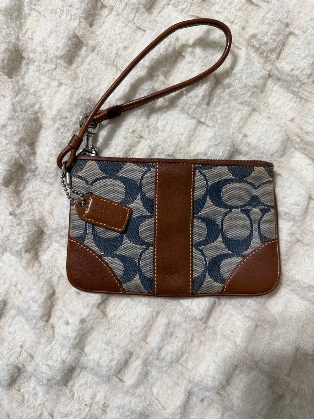 Coach Brown Leather & Navy Signature Canvas Wristlet